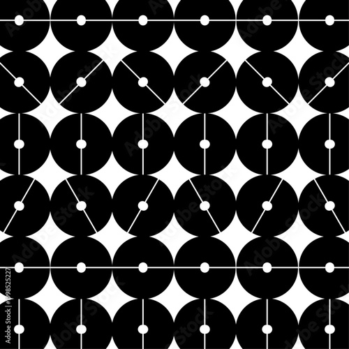 Geometric seamless pattern with circular shapes and connecting lines abstract black and white texture