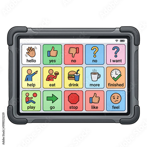 Augmentative and alternative communication device on a tablet with colorful icons for nonverbal speech assistance