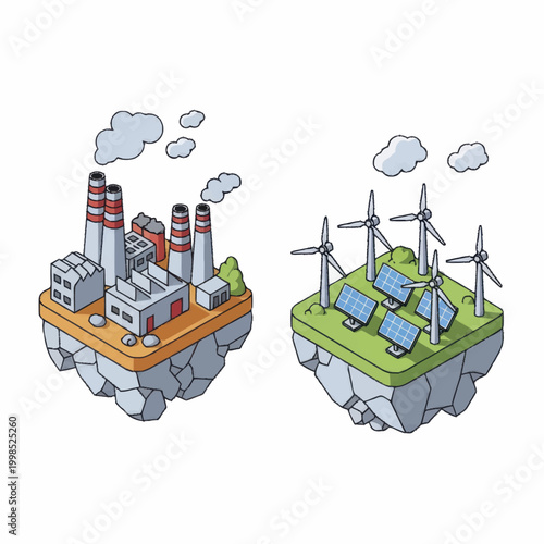 Industrial factory versus renewable energy wind turbines and solar panels.
