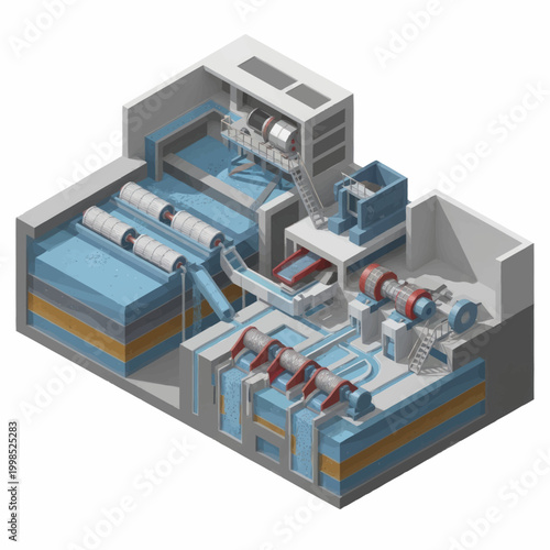 Industrial manufacturing plant schematic isometric view.