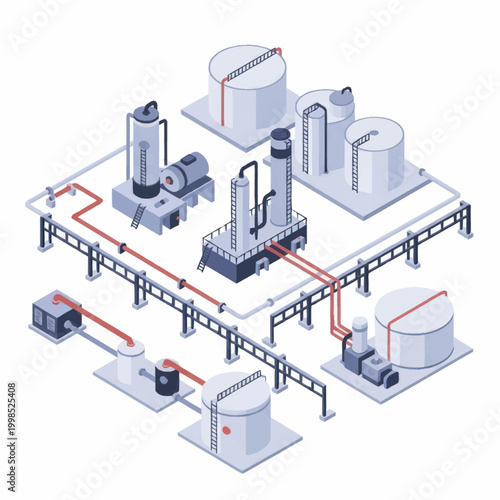 Industrial oil refinery complex with storage tanks and pipelines.