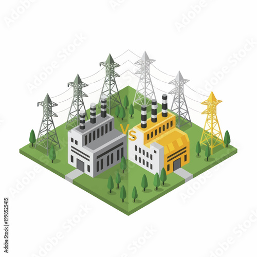 Industrial Power Plant Buildings with Transmission Towers and Green Trees.