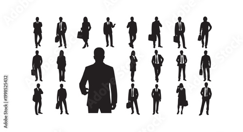 Set of business people silhouettes in professional suits standing and holding briefcases isolated on white.