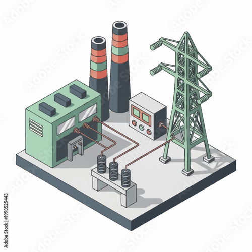 Industrial power plant with transmission tower and electrical equipment.