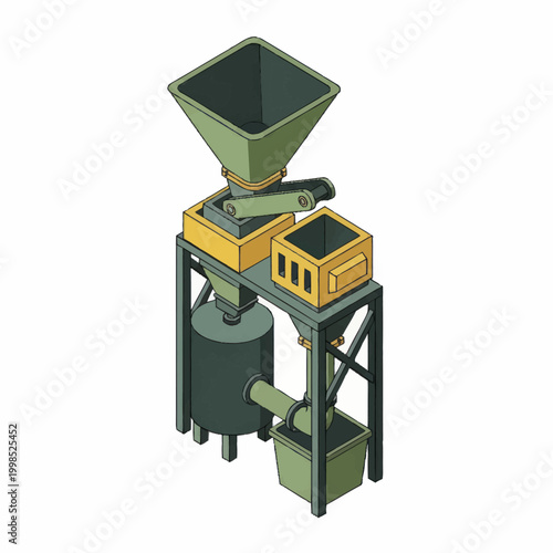 Industrial processing machine with hopper and collection bin.