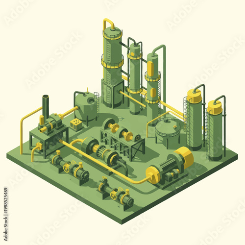 Industrial processing plant with complex machinery and pipes.