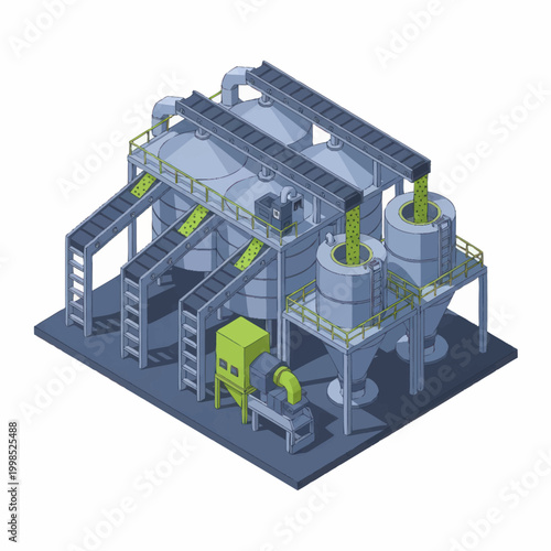 Industrial processing plant with conveyor belts and silos.