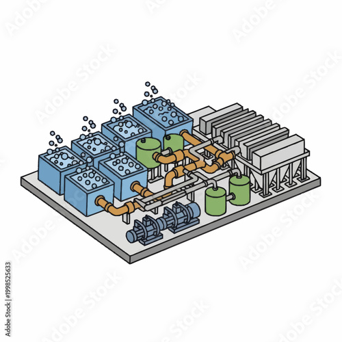Industrial water treatment plant with pumps and tanks.