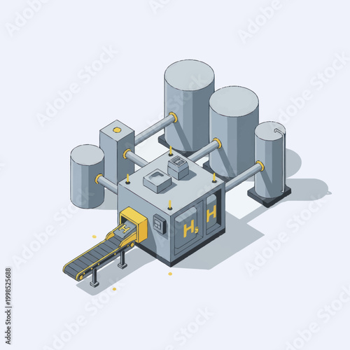 Modern Hydrogen Production Facility with Storage Tanks and Conveyor.