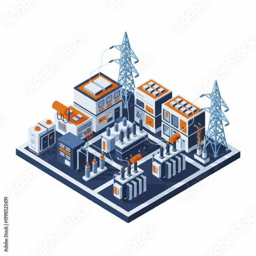 Modern Electrical Power Substation Isometric Illustration.