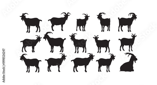 Set of goat silhouettes showing various poses and activities collection of farm animals design elements vector graphic.