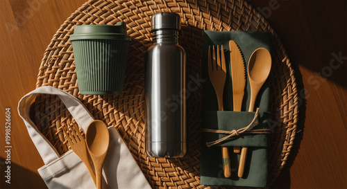 Sustainable zero waste set with reusable water bottle, coffee cup, and bamboo cutlery for eco-friendly living.