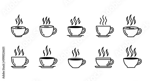 Minimalist outline coffee cup icons with steam and saucers in various line art styles for modern cafe branding and restaurant menu design vector illustration
