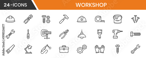 Workshop Tools Icons Set Black Line White Background Avoid Fills Gradients