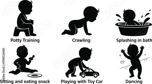 Baby activity silhouettes showing crawling bathing playing eating and early development milestones