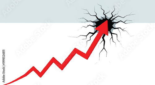 A red arrow is breaking through a cracked white wall, symbolizing growth and breakthrough