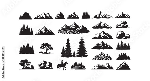 Set of monochrome mountain landscapes pine forests trees rocks and horseback rider isolated on white background for design.