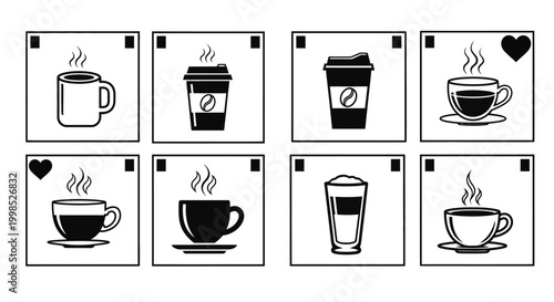 Set of coffee icon cards, various types of hot beverages, coffee cups, takeaway cups, latte glass, black and white design