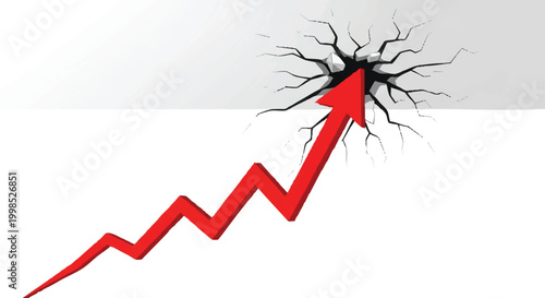 Dynamic red arrow graph symbolizing breakthrough and upward trend, smashing through a wall to represent overcoming challenges and achieving significant success