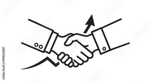 Line icon showing handshake, upward arrow, and rising graph, symbolizing successful business agreements, strategic partnerships, and significant mutual growth via collaboration