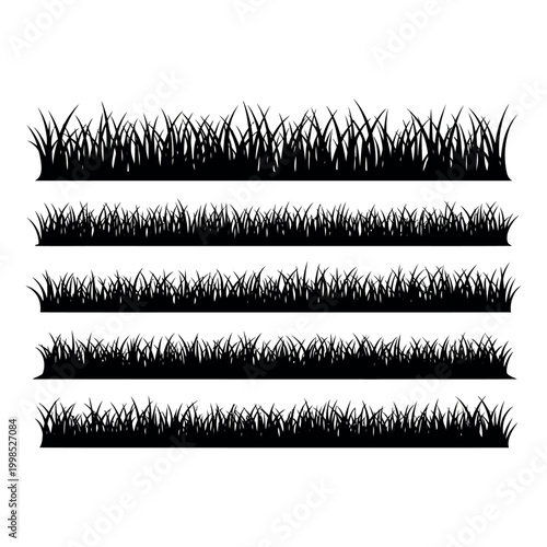 Black Grass Silhouette Vector Set and Lawn Border Collection