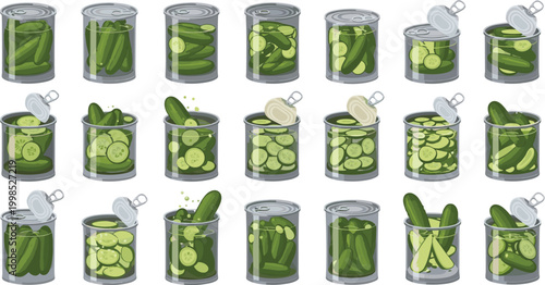 Pickled Cucumber Jar Collection with Whole and Sliced Gherkins in Glass Containers Flat Vector Set for Food Preservation Designs