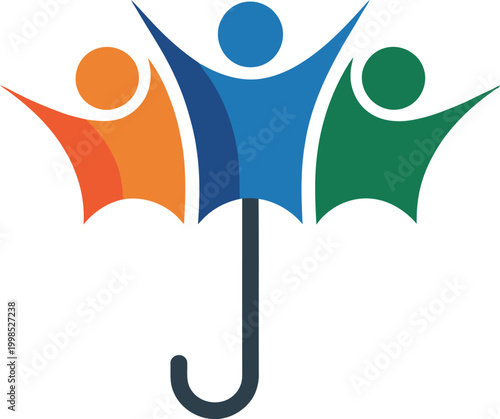 Colorful umbrella protecting three people standing together in unity and support