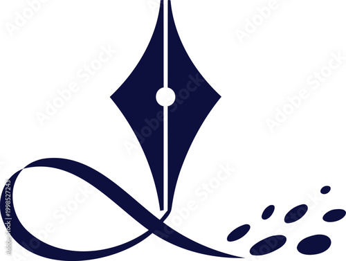 Dark blue fountain pen nib with ink splatter and swirl design on white background