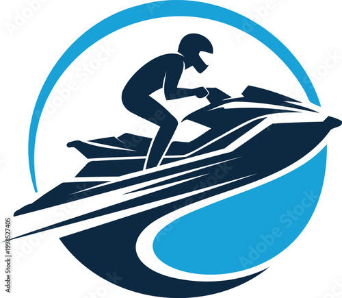 Jet ski rider silhouette on water sports vehicle speeding through ocean waves in circle