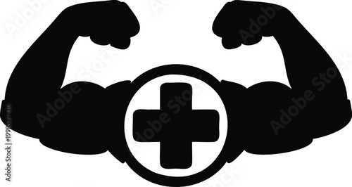 Muscular arms with flexed biceps and medical cross symbol in circle