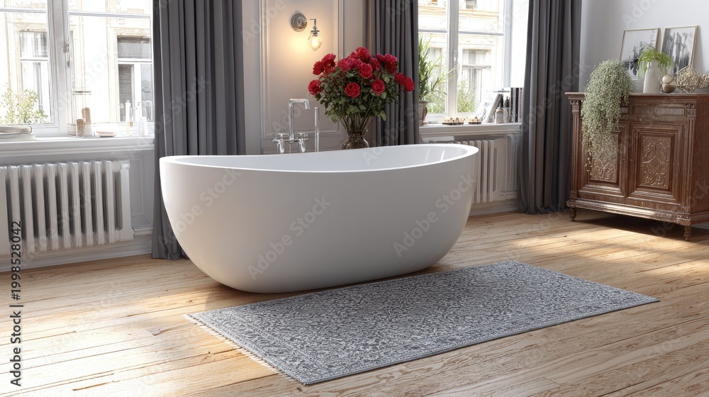 Fototapeta premium Freestanding bathtub with a rug in a bright, elegant bathroom.