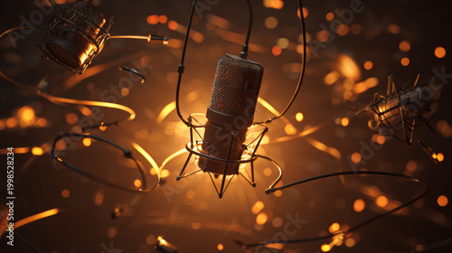 Floating instruments orbiting around a glowing microphone. 