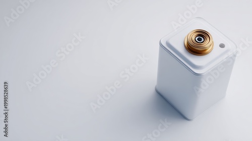 Minimalist white cube with golden top detail on light background
