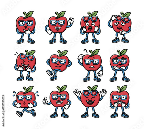 Cute apple cartoon characters set with different emotions and poses kawaii fruit mascot collection vector illustration for stickers emojis and kids design