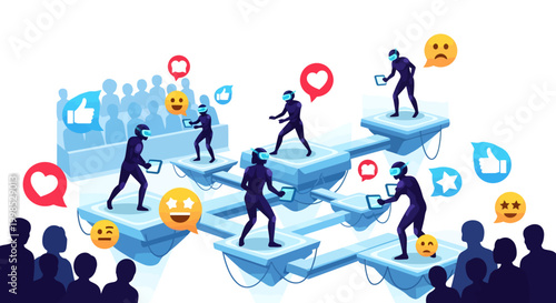 People silhouettes on social media platforms with emoticons