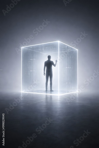 Futuristic Human Silhouette in Glowing Cube - Sci Fi Technology Concept Background