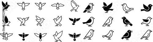 Bird icons, black and white vector birds, 30 bird silhouettes, flying birds, bird graphics