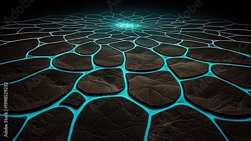 Intricate, glowing, dark stone floor pattern design.