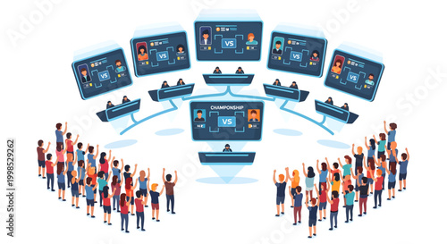 People interacting with multiple computer screens and technology