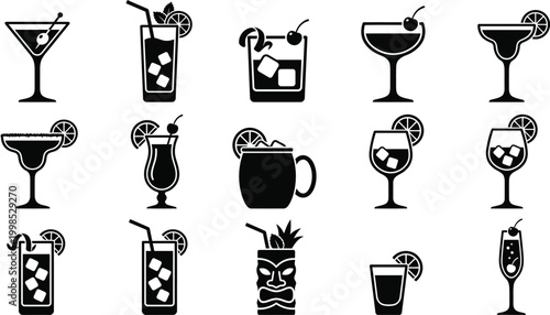 Cocktail icons, drink symbols, bar illustrations, 13 black silhouettes
