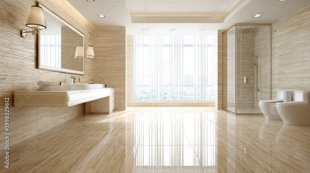 Fototapeta premium Bright, modern bathroom features marble floors and large windows.