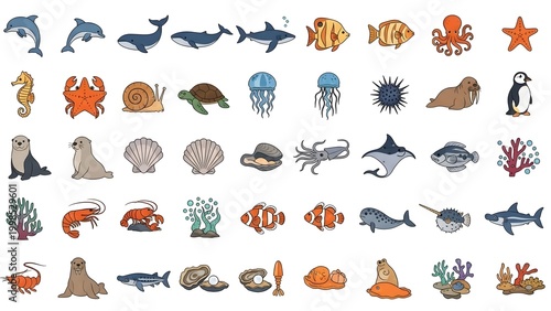 A vibrant collection of diverse marine life illustrations, showcasing the beauty of the ocean's inhabitants and ecosystems