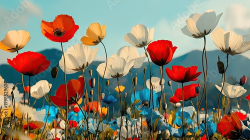 Vibrant field of wildflowers with mountain backdrop.