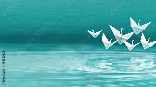 White paper cranes floating over rippled water surface.