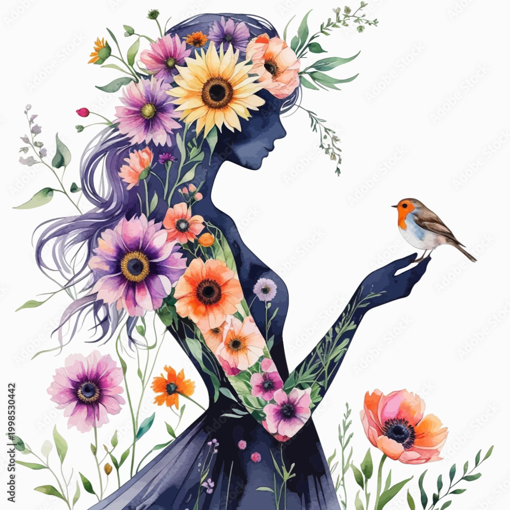 Fototapeta premium Artistic Silhouette of a Woman Adorned with Sunflowers and Purple Blooms Holding a Robin Bird