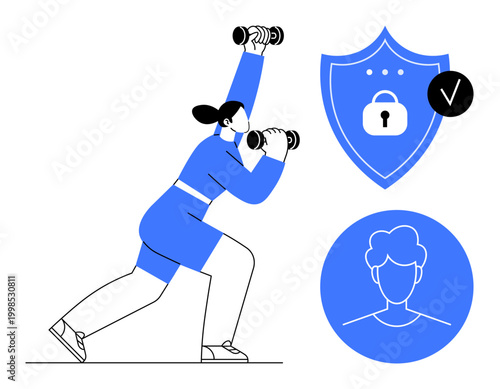 Fitness and data security concept. Fitness by exercising woman, while data security is portrayed with lock and user profile icons. Fitness, privacy, and technology ideas. Perfect for health apps