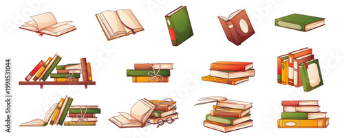 Collection of illustration of book in different position, stack of books, bookshelves. Vector set for education, school, library and reading concepts, isolated on white background.