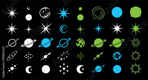 Space icons set with glowing stars colorful planets crescent moons sparkling celestial elements and galaxy symbols for astronomical design vector illustration