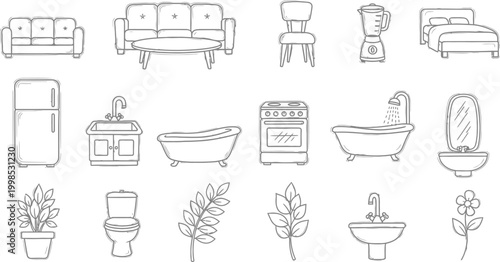 Hand Drawn Furniture and Household Appliances Icon Set for Interior Design and Home Decor Projects Vector
