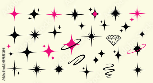 Minimalist Y2K aesthetic star sparkles and celestial icon set with diamond shapes and orbiting planet rings for modern graphic design vector illustration